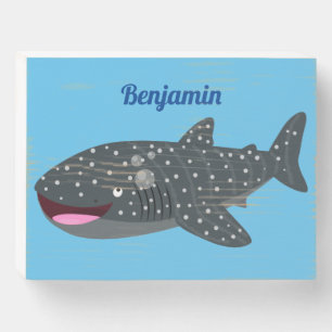 Cute whale shark happy cartoon illustration wooden box sign