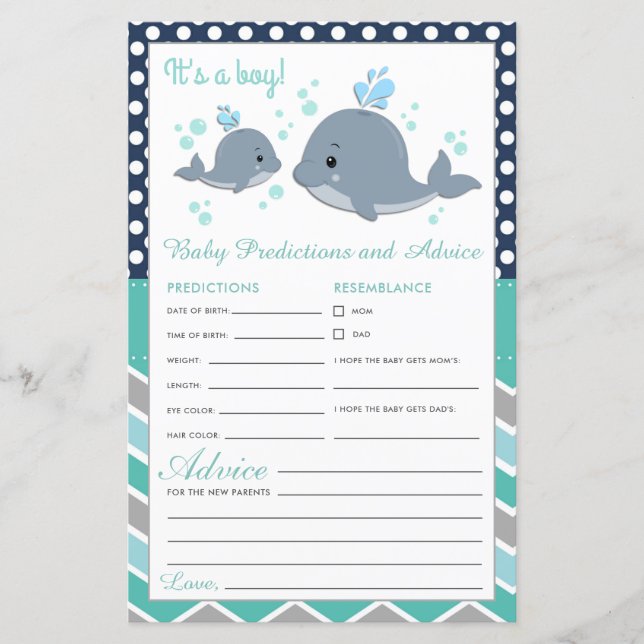 Cute Whale Shower Baby Predictions and Advice Card (Front)