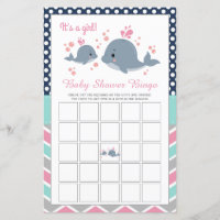 Cute Whale Shower Baby Shower Bingo Game Card Girl