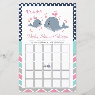 Cute Whale Shower Baby Shower Bingo Game Card Girl