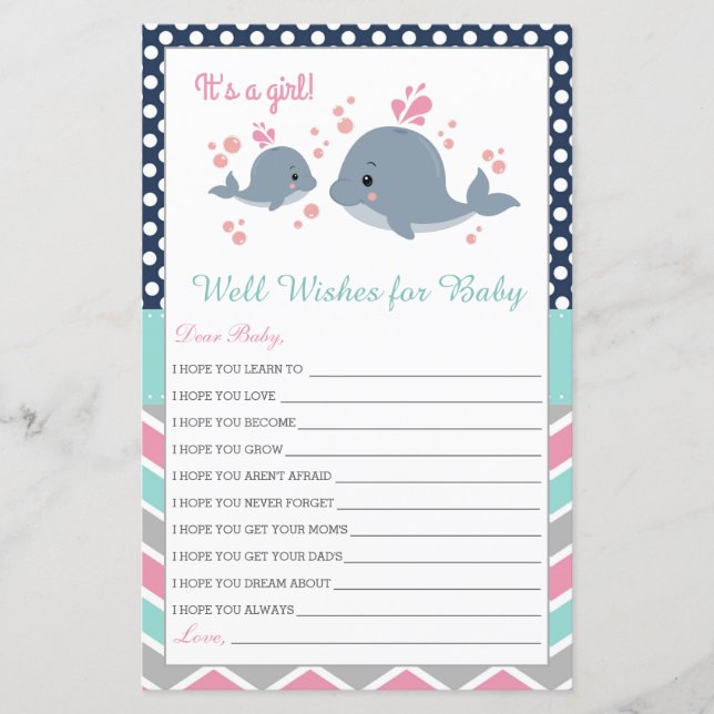 Cute Whale Shower Well Wishes for Baby Card Girl (Front)