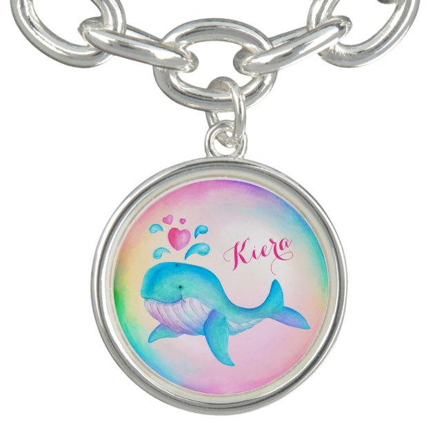 Cute whale spurting hearts art name charm bracelet (Design)