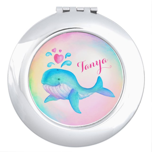 Cute whale spurting hearts art name mirror compact (Front)