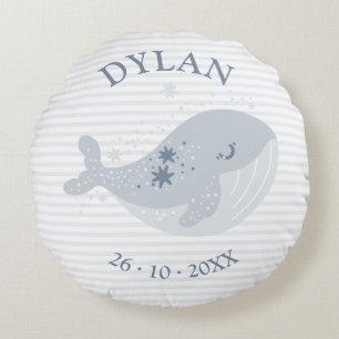 Cute Whale Stars Blue Baby Boy Birth Announcement Round Pillow