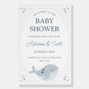 Cute Whale Stars Blue Baby Shower Welcome Sign