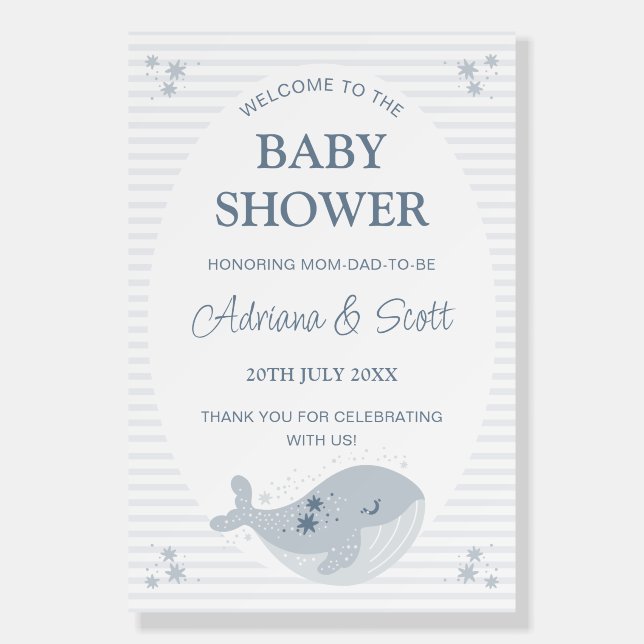 Cute Whale Stars Blue Baby Shower Welcome Sign (Front)