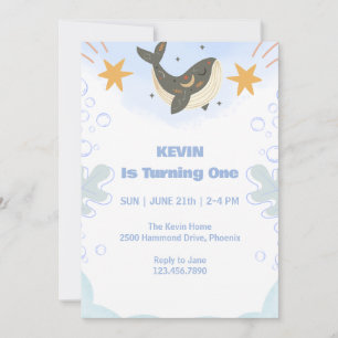 Cute Whale Theme First Birthday Invitation