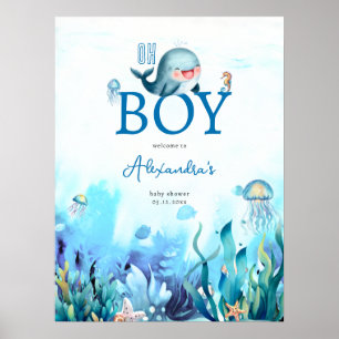 Cute Whale Under Sea Boy Baby Shower Welcome Poster