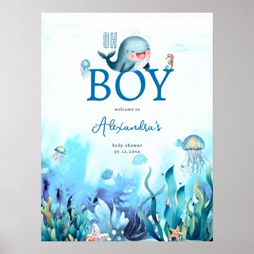 Cute Whale Under Sea Boy Baby Shower Welcome Poster