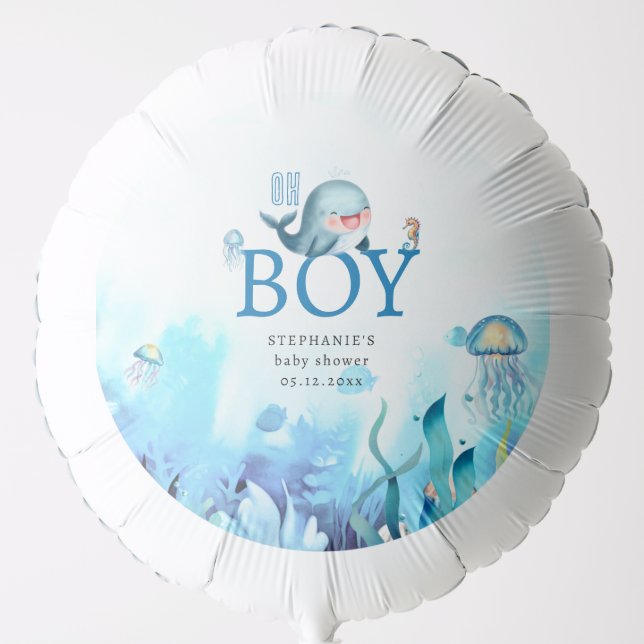 Cute Whale Under Sea Watercolor Boy Baby Shower Balloon (Front)