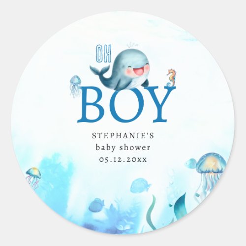 Cute Whale Under Sea Watercolor Boy Baby Shower Classic Round Sticker
