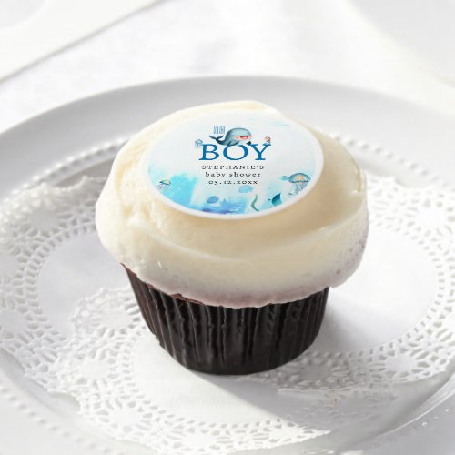 Cute Whale Under Sea Watercolor Boy Baby Shower Edible Frosting Rounds