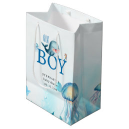 Cute Whale Under Sea Watercolor Boy Baby Shower Medium Gift Bag