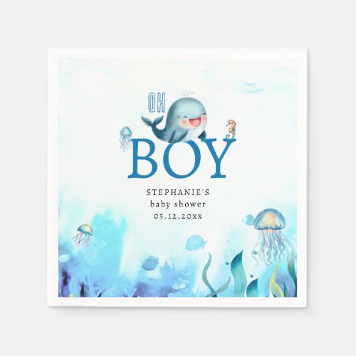 Cute Whale Under Sea Watercolor Boy Baby Shower Napkins