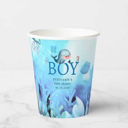 Cute Whale Under Sea Watercolor Boy Baby Shower Paper Cups