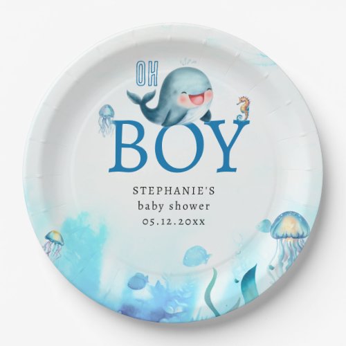 Cute Whale Under Sea Watercolor Boy Baby Shower Paper Plates