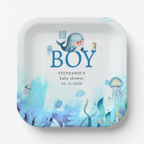 Cute Whale Under Sea Watercolor Boy Baby Shower Paper Plates