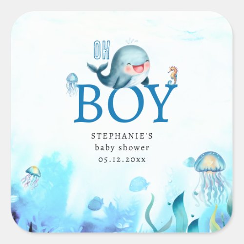 Cute Whale Under Sea Watercolor Boy Baby Shower Square Sticker