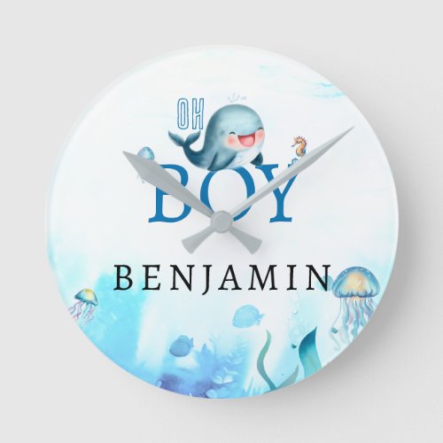 Cute Whale Under Sea Watercolor Boy Blue White Round Clock