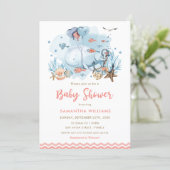 Cute Whale Under the Sea Coral Girl Baby Shower Invitation (Standing Front)