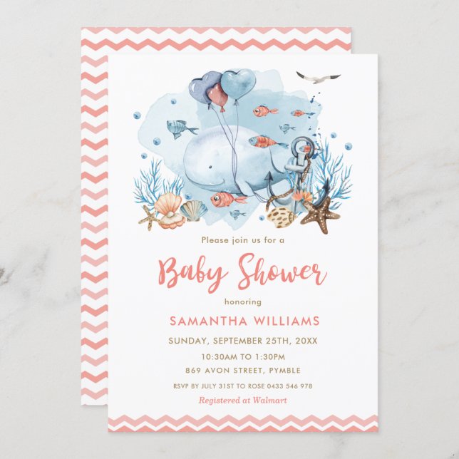 Cute Whale Under the Sea Coral Girl Baby Shower Invitation (Front/Back)