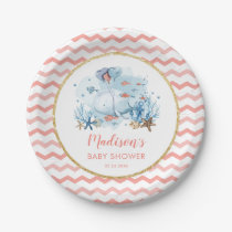 Cute Whale Under the Sea Coral Gold Baby Shower Paper Plates