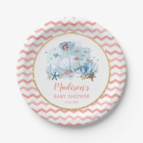 Cute Whale Under the Sea Coral Gold Baby Shower Paper Plates