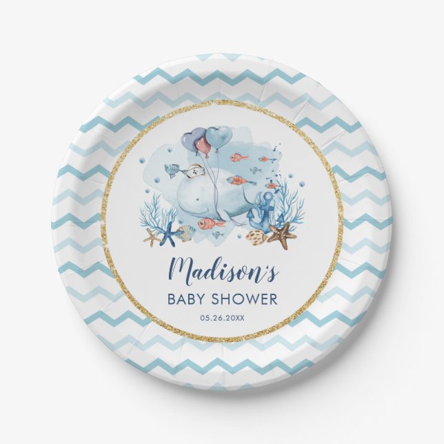 Cute Whale Under the Sea Nautical Baby Shower Paper Plates (Front)