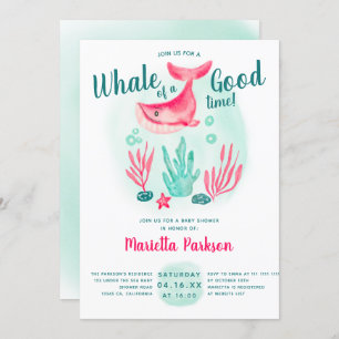 Cute whale under the sea watercolor baby shower invitation