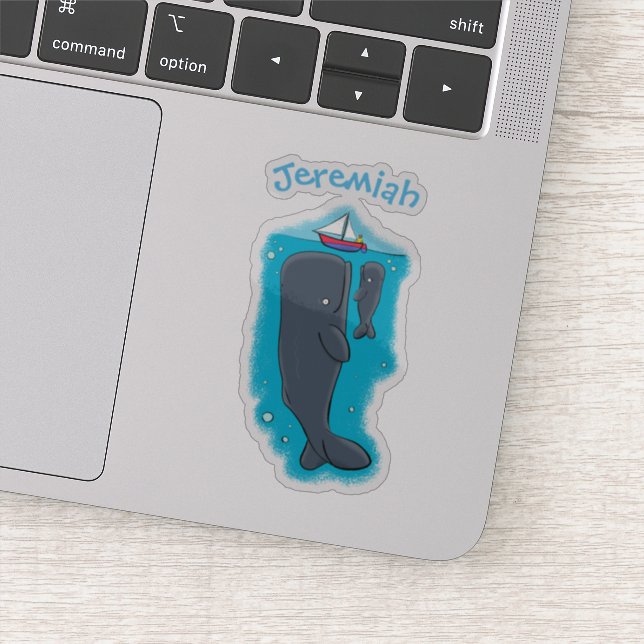 Cute whale watching cartoon blue design sticker (Detail)