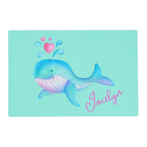Cute whale whimsy watercolor art aqua name  placemat