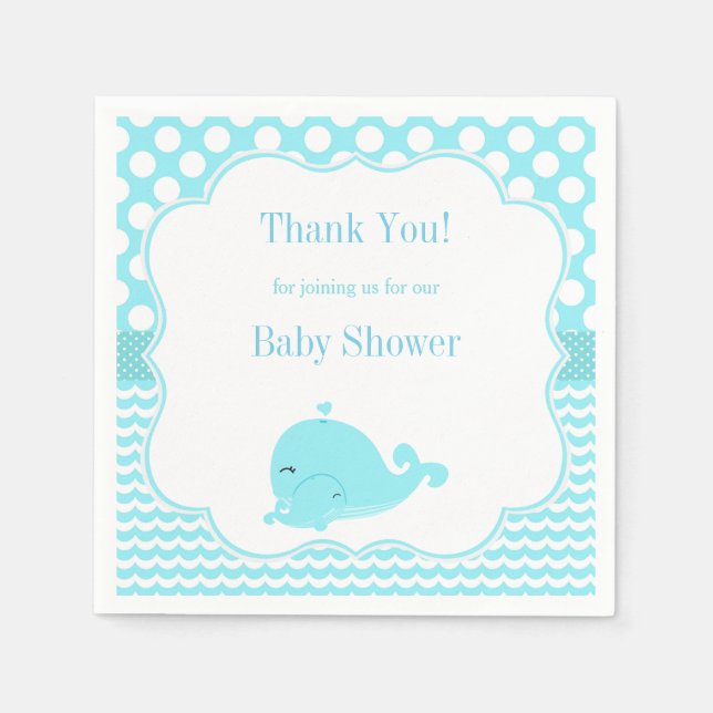 Cute Whale with Baby Blue Boy Baby Shower Paper Napkins (Front)