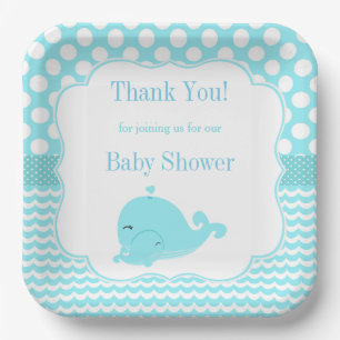 Cute Whale with Baby Blue Boy Baby Shower Paper Plates