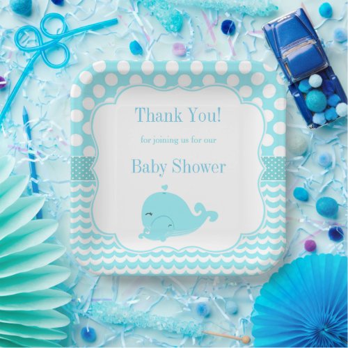 Cute Whale with Baby Blue Boy Baby Shower Paper Plates