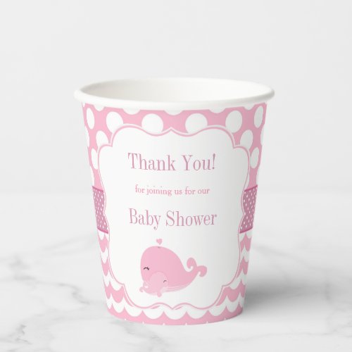 Cute Whale with Baby Pink Girl Baby Shower Paper Cups