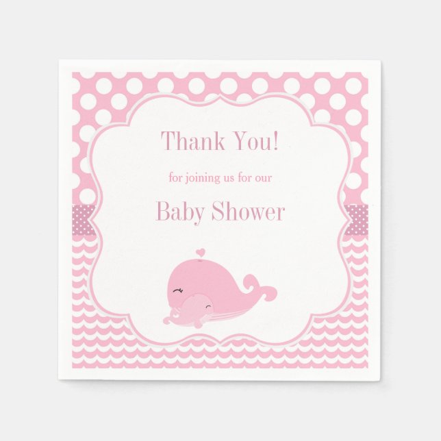 Cute Whale with Baby Pink Girl Baby Shower Paper Napkins (Front)