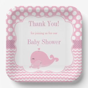 Cute Whale with Baby Pink Girl Baby Shower Paper Paper Plates