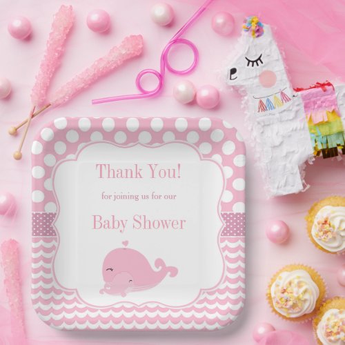 Cute Whale with Baby Pink Girl Baby Shower Paper Plates