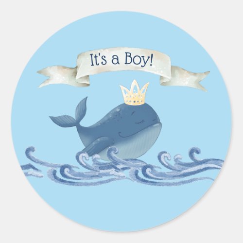 Cute Whale with Prince Crown Nautical Theme Classic Round Sticker