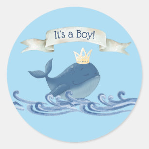 Cute Whale with Prince Crown Nautical Theme Classic Round Sticker