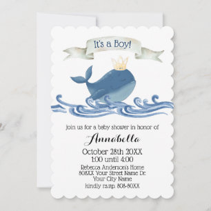 Cute Whale with Prince Crown Nautical Theme Invitation