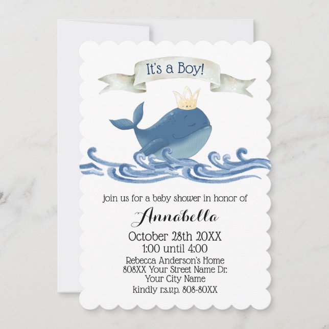 Cute Whale with Prince Crown Nautical Theme Invitation (Front)