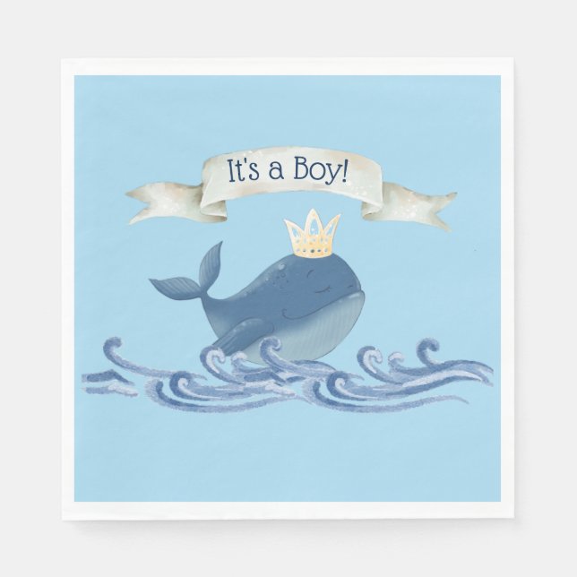 Cute Whale with Prince Crown Nautical Theme Napkins (Front)