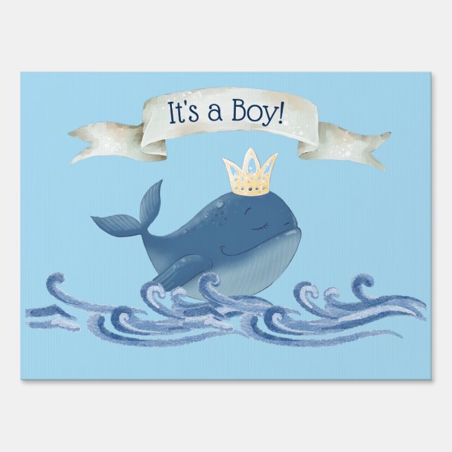 Cute Whale with Prince Crown Nautical Theme Sign (Front)
