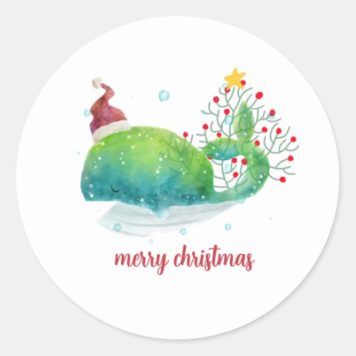 Cute Whale with Santa Hat Christmas Tree Classic Round Sticker