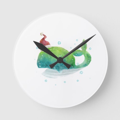 Cute Whale with Santa Hat Round Clock