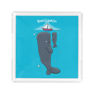 Cute whales and sailing boat cartoon illustration acrylic tray
