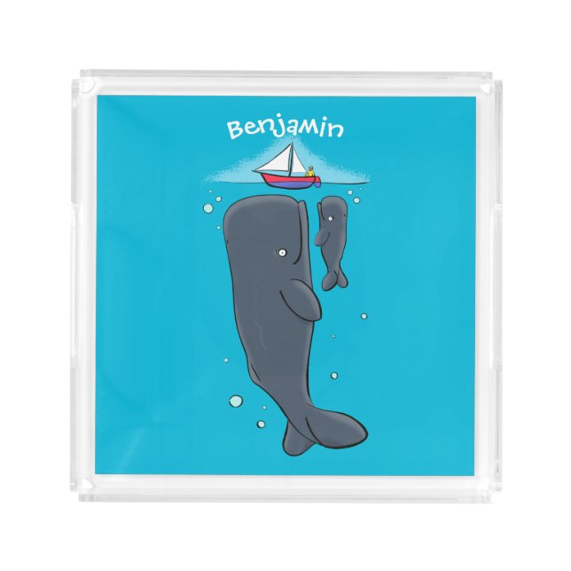 Cute whales and sailing boat cartoon illustration acrylic tray (Front)