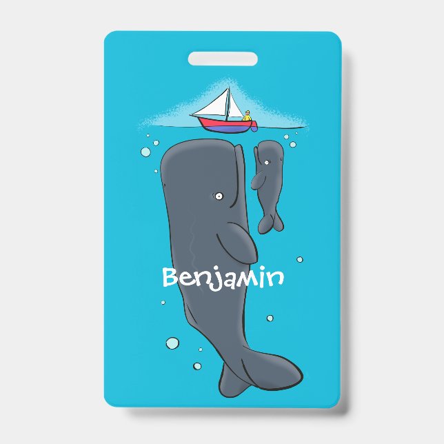 Cute whales and sailing boat cartoon illustration badge (Front)