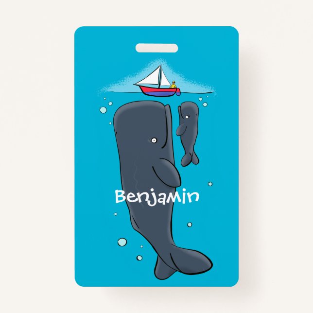 Cute whales and sailing boat cartoon illustration badge (Front)